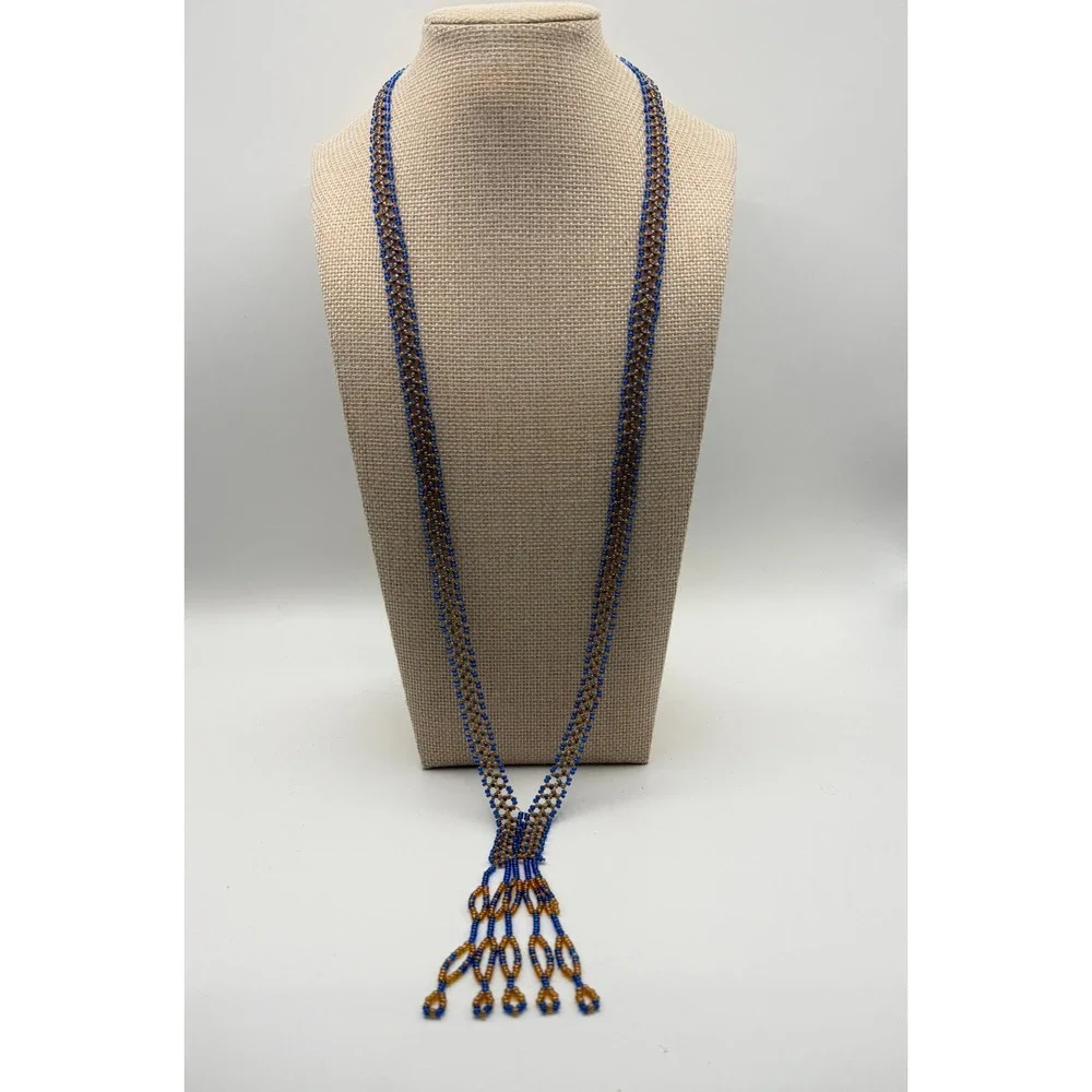 Blue Amber Seed Bead Tassel Lariat Necklace Boho Woven Statement Hippie Festival